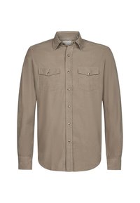 Lichte bruin/beige overhemd met lange mouwen van zachte stof, voorzien van een knoopsluiting aan de voorkant, twee borstzakken en een klassieke kraag met zilverkleurige knopen.