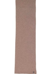 Écharpe longue beige en tricot, avec une texture côtelée et une petite étiquette en tissu tricolore à une extrémité.