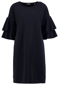 Marineblaue Kleid mit kurzen, schwingenden Rüscheärmeln, rundem Ausschnitt und gerader Silhouette. Hergestellt aus sanftem, leichtem Stoff.