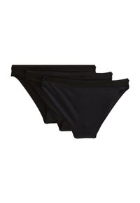 Trois paires de culottes bikini en coton noir. Chacune possède une texture lisse, une taille élastique et un design classique.