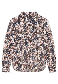 Blusa floreale in tessuto leggero con chiusura a bottoni frontale, caratterizzata da una base bianca e fiori in blu navy, marrone e arancione disposti in un motivo sparso.