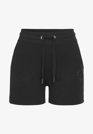Zwarte katoenen shorts met een elastische tailleband, een trekkoord en een reliëflogo aan de linkerpijp. Zachte textuur en ontspannen pasvorm.