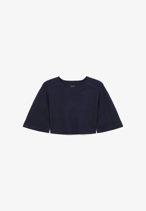 Felpa blu navy tagliata con colletto rotondo e maniche corte arrotolate. Realizzata in un tessuto morbido e strutturato. Presenta dettagli di cucitura sottili.