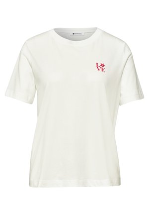 Wit T-shirt met korte mouwen en ronde hals, met kleine rode "LOVE" tekst en bloemenafbeelding op de bovenste linkerborst.