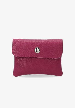 Small textured dark pink leather pouch with a flap secured by a single round silver button in the center.