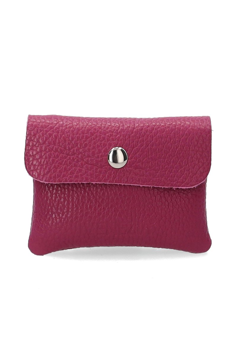 Small textured dark pink leather pouch with a flap secured by a single round silver button in the center.