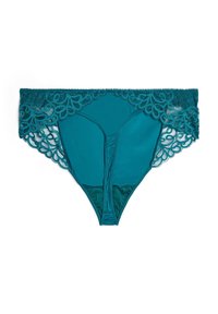 Teal trusse med blonderække og blomsterblonder i taljen, blødt stof og et enkelt design. Detaljeret syning langs sømmene.