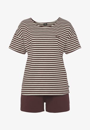 Gestreiftes Baumwoll-Loungewear-Set mit einem cremefarbenen Grundton und maroonfarbenen Streifen, kurzen Ärmeln und passenden maroonfarbenen Shorts in lockerer Passform.