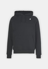 Felpa nera in cotone con tasca frontale, cappuccio regolabile con cordino, polsini e orlo a coste, e un piccolo logo sul petto. Adatta per un abbigliamento casual.