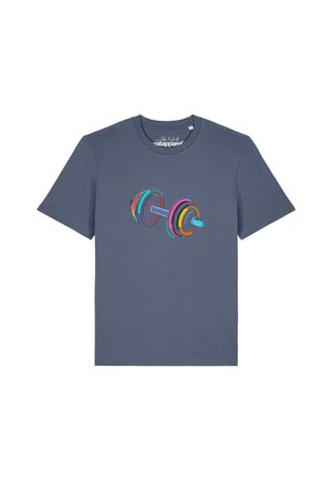 T-shirt bleu marine à manches courtes avec un graphisme coloré d’un poids de barre au centre avant.