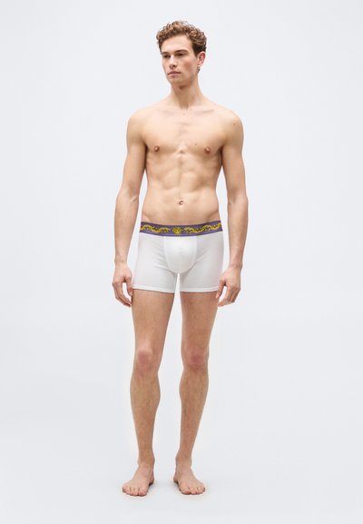 Νεαρός άνδρας με σγουρά μαλλιά, όρθιος με γυμνά πόδια, φορώντας λευκά εσώρουχα μποξέρ με μωβ και χρυσή διακοσμητική ζώνη.