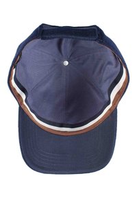 Navy blue baseball cap interior with brown, white, and black striped trim and adjustable Velcro strap.