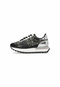 Black and gray athletic sneaker featuring a patterned upper, silver accents, reflective details, and a textured sole.