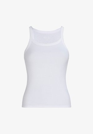 Débardeur blanc à côtes avec un design ajusté, des bretelles étroites et un col arrondi. Fabriqué en tissu léger en mélange de coton.