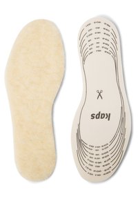 Insoles with a soft, beige felt underside and a white top layer marked with cutting lines and shoe size guidelines.