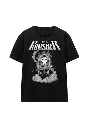 Schwarzes T-Shirt mit dem Text "The Punisher" über einer illustrierten Figur, die eine Waffe hält, umgeben von Rauch oder Wolken in Graustufen.