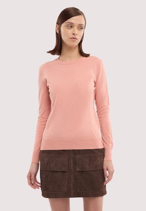 Frau trägt einen hellrosa Pullover mit langen Ärmeln und einen dunkelbraunen Rock mit Vorderentaschen, steht vor einem neutralen Hintergrund.