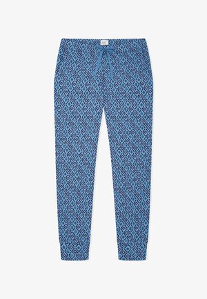 Blue jogger pants with black and green geometric leaf pattern, elastic waistband, and matching drawstring tie.