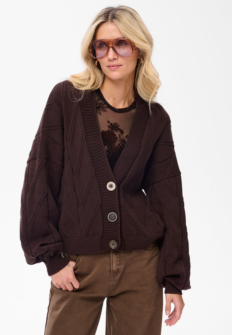 Brązowy sweter z dzianiny z wzorem w romby, z głębokim dekoltem w kształcie litery V i trzema dużymi guzikami. Nosi się go na przezroczystą bluzkę w kwiaty i w parze z brązowymi spodniami.
