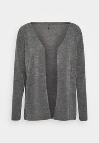 Přední otevřený kardigan z tmavě šedé texturované pleteniny, dlouhé rukávy, volný střih a jemný diagonální vzor po celé ploše.