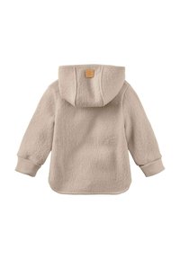 Beige Fleece-Kinderjacke mit Kapuze, langen Ärmeln, gerippten Bündchen und einem kleinen Lederpatch auf der Rückseite der Kapuze.