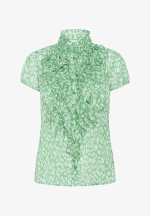 Bluză verde cu mânecă scurtă, cu un față volanată, având un model de leopard în alb, confecționată dintr-un material ușor, cu închidere cu nasturi.