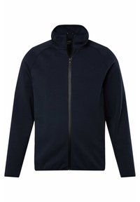 Chaqueta navy con cremallera hecha de tejido suave, con un alto cuello y mangas raglán, que presenta una cremallera negra y un detalle de logo minimalista.