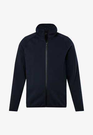 Marine blauwe zip-up jas van zachte stof met een hoge kraag en raglanmouwen, voorzien van een zwarte rits en een minimalistisch logo detail.