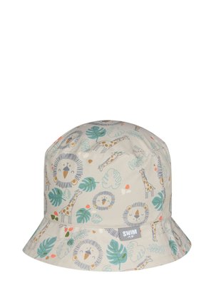 Beige child’s bucket hat with printed happy lions, giraffes, green leaves, and a small fabric tag that reads "SWIM".
