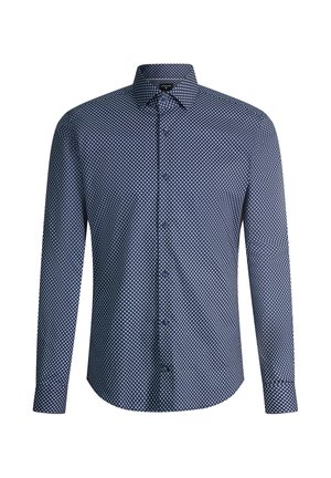 Marineblauw overhemd met lange mouwen, knopen, een klein wit geometrisch patroon en een puntige kraag.