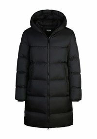 Manteau en duvet noir avec capuche, doté d'une fermeture éclair à l'avant, de deux poches latérales et d'un design matelassé avec des panneaux horizontaux. Texture lisse.