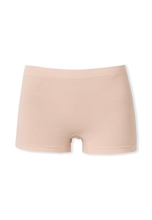 Pantaloni corti in cotone elasticizzato beige chiaro con vita media, texture morbida e senza cuciture visibili. Presentano un design classico e funzionale.