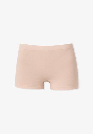 Jasno beżowe szorty z rozciągliwej bawełny z średnim stanem, gładką teksturą i niewidocznymi szwami. Posiadają klasyczny, funkcjonalny design.
