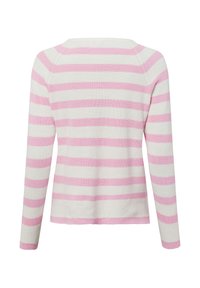 Gestreepte trui met horizontale roze en witte strepen, lichtgewicht breisel, lange mouwen en een wijde halslijn.