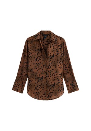Bruine button-up shirt met zwart gespoten patroon, lange mouwen met manchetten en een klassieke kraag, gemaakt van gladde stof.