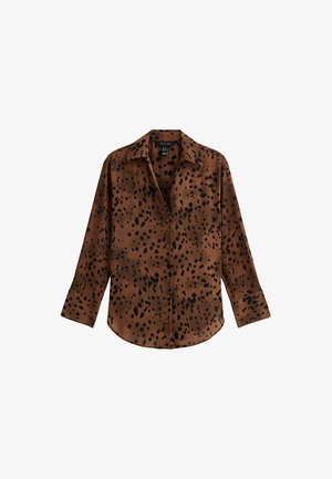 Chemise boutonnée marron avec un motif à pois noirs, manches longues avec poignets et col classique, fabriquée en tissu lisse.
