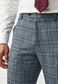 Grau karierte Hose aus strukturiertem Stoff, mit blauen und burgunderfarbenen Linien, sichtbarem Knopfverschluss und Taschen Details.