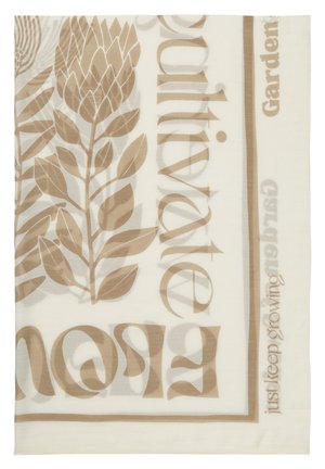 Cremefarvet stof med beige botanisk illustration og stor tekst med ordene "Flow" og "Planting" samt mindre tekst "just keep growing Garden."