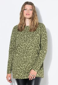 Maglietta verde a maniche lunghe con motivo leopardato in una tonalità scura. Tessuto morbido, vestibilità comoda, scollatura rotonda e orlo posteriore leggermente più lungo.