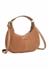 Borsa a spalla in suede marrone con forma arrotondata, tracolla in pelle regolabile, accessori in ottone e tasca con cerniera per una maggiore sicurezza.