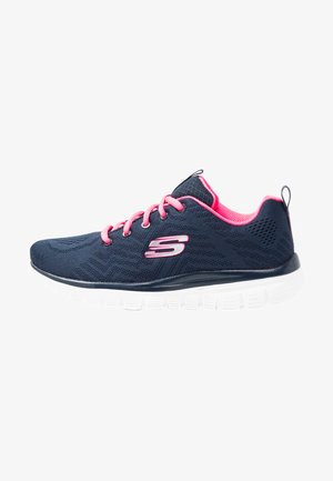 Navy mesh athletic shoe with pink laces and accents, featuring a white sole and zigzag texture on the upper material.