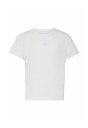 T-shirt blanc à manches courtes avec col rond, arborant un logo violet clair subtil centré sur la poitrine.