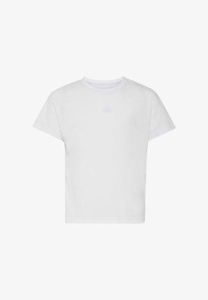 T-shirt blanc à manches courtes avec col rond, arborant un logo violet clair subtil centré sur la poitrine.