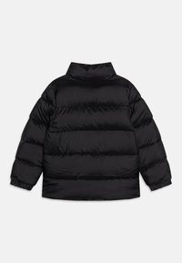 Black puffer jacket with a high collar, featuring a quilted design and elastic cuffs. Smooth, lightweight fabric with a matte finish.