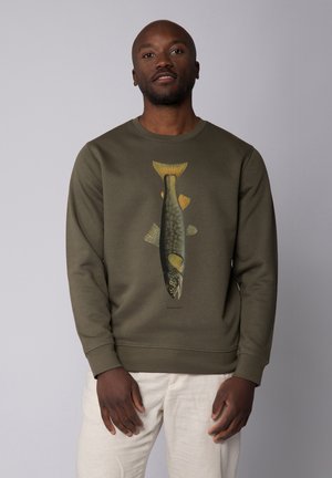 Olive green sweatshirt made of cotton with a fish graphic print on the front; features a crew neck and ribbed cuffs.