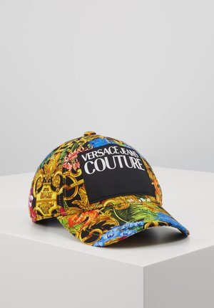 Czapka bejsbolowa z kolorowym barokowym kwiatowym nadrukiem i czarną łatką z napisem "VERSACE JEANS COUTURE" na przednim panelu.