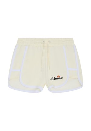 Shorts de sport couleur crème avec bordure blanche, taille élastique avec cordon de serrage, et logo ellesse noir sur le côté avant gauche.