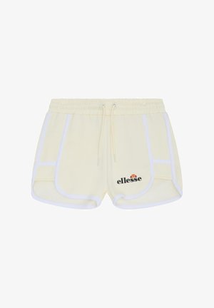 Kremfarvede atletikshorts med hvid kant, elastisk taljebånd med snøre og sort ellesse-logo på venstre forside.