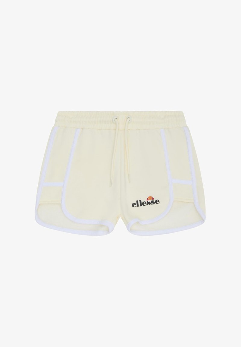 Αθλητικό σορτς κρεμ χρώματος με λευκή επένδυση, ελαστική μέση με κορδόνι και μαύρο λογότυπο ellesse στην μπροστινή αριστερή πλευρά.