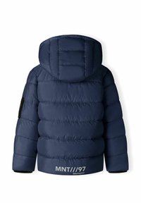 Navy blue puffer jacket with a hood, featuring horizontal quilted sections, elastic cuffs, and a logo printed near the hem.